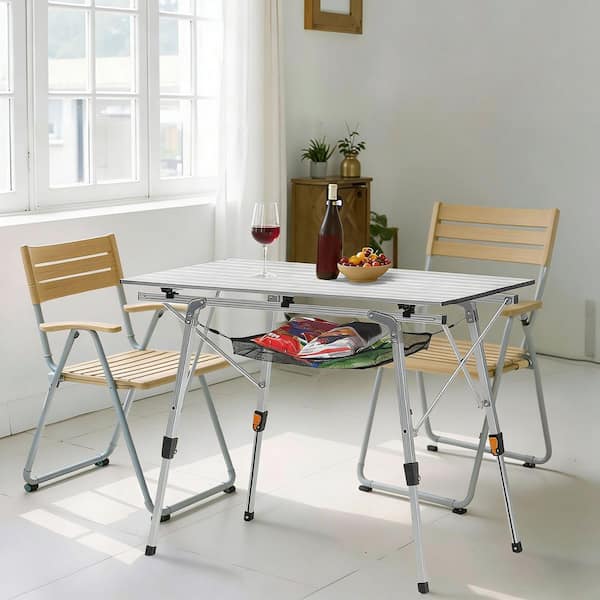 SKYSHALO Folding Camping Table, Silver Aluminum Beach Table with