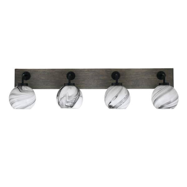 Unbranded Kirby 36.5 in. 4 Light Black and Painted Wood-look Vanity Light with 5.75 in. Onyx Swirl Glass Shades No Bulbs Included