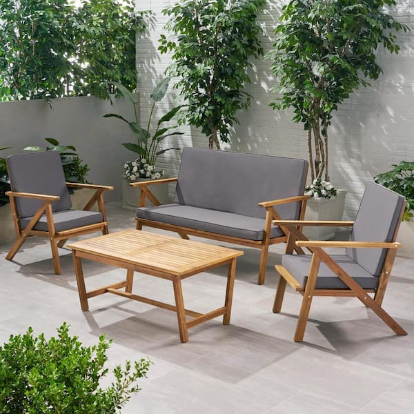 Unbranded 4-Piece Acacia Wood Chat Set with Water-Resistant Cushions for Patio and Backyard