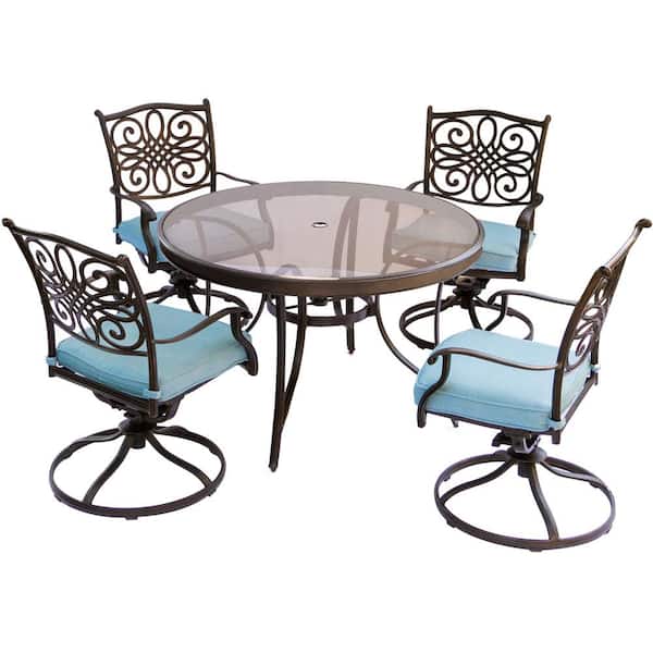 Cambridge Seasons 5-Piece Aluminum Outdoor Dining Set with Blue Cushions with 48 In. Glass-Top Table