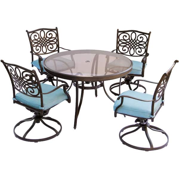 Seasons 5-Piece Aluminum Outdoor Dining Set with Blue Cushions with 48 In. Glass-Top Table