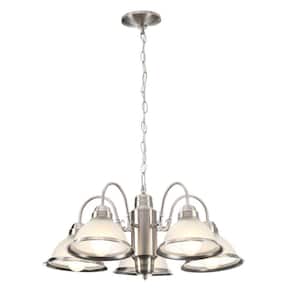 Halophane 5-Light Brushed Nickel Chandelier with Frosted Ribbed Glass Shades