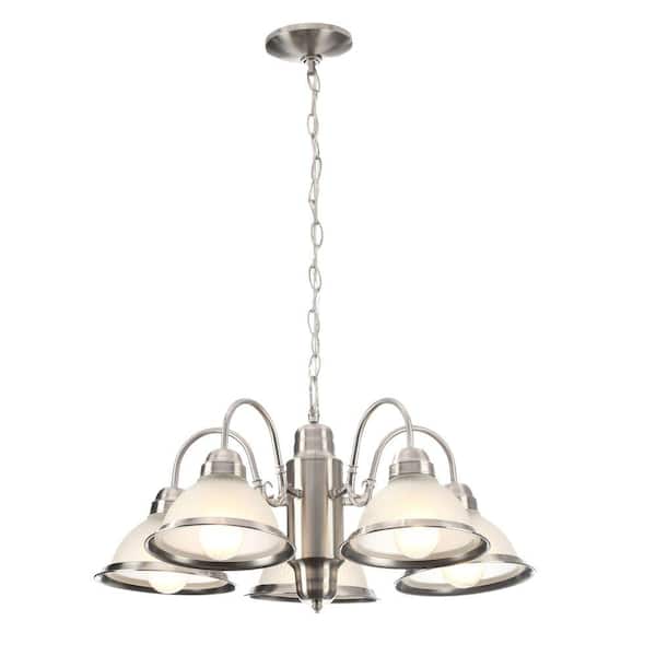 Hampton Bay Halophane 5-Light Brushed Nickel Chandelier with Frosted Ribbed Glass Shades