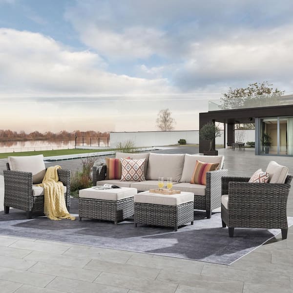 XIZZI Jupiter Gray 5-Piece Wicker Outdoor Patio Conversation Seating Sofa Set with Beige Cushions