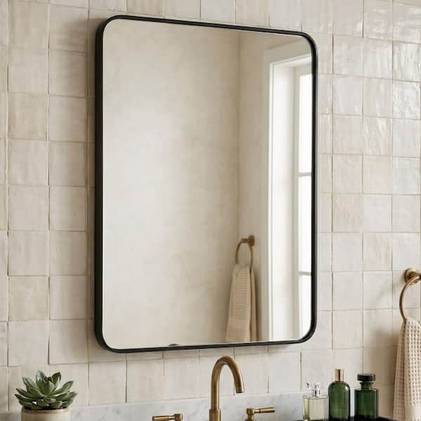 Black 24 in. W x 36 in. H Metal Rectangular Frameless Wall Mount Bathroom Vanity Mirror, Makeup Mirror