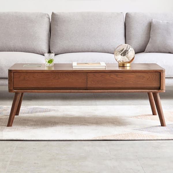 Quorren Modern 47.24 in. Walnut Finish Rectangle Solid Wood Coffee Table with Lift-Up Top, Drawers
