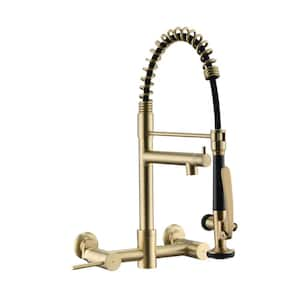 Wall Mount Double Handle Bridge Kitchen Faucet with High Pressure Sprayer in Brushed Gold