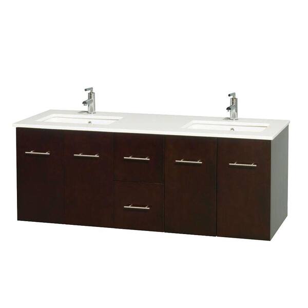 Wyndham Collection Centra 60 in. Double Vanity in Espresso with Solid-Surface Vanity Top in White and Under-Mount Sinks