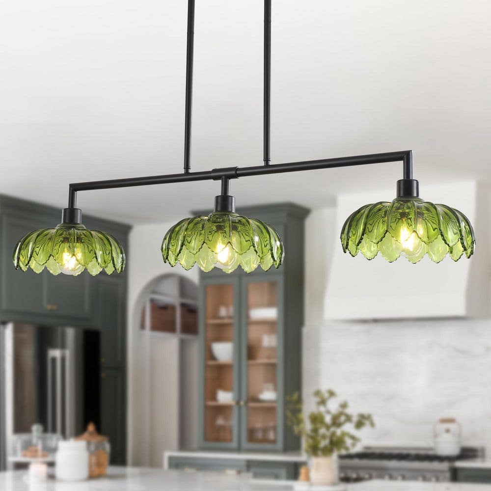 3-Light Black Vintage Linear Kitchen Island Chandelier with Green Glass Shade Height Adjustable Pendant Light price history on PriceWatchPro