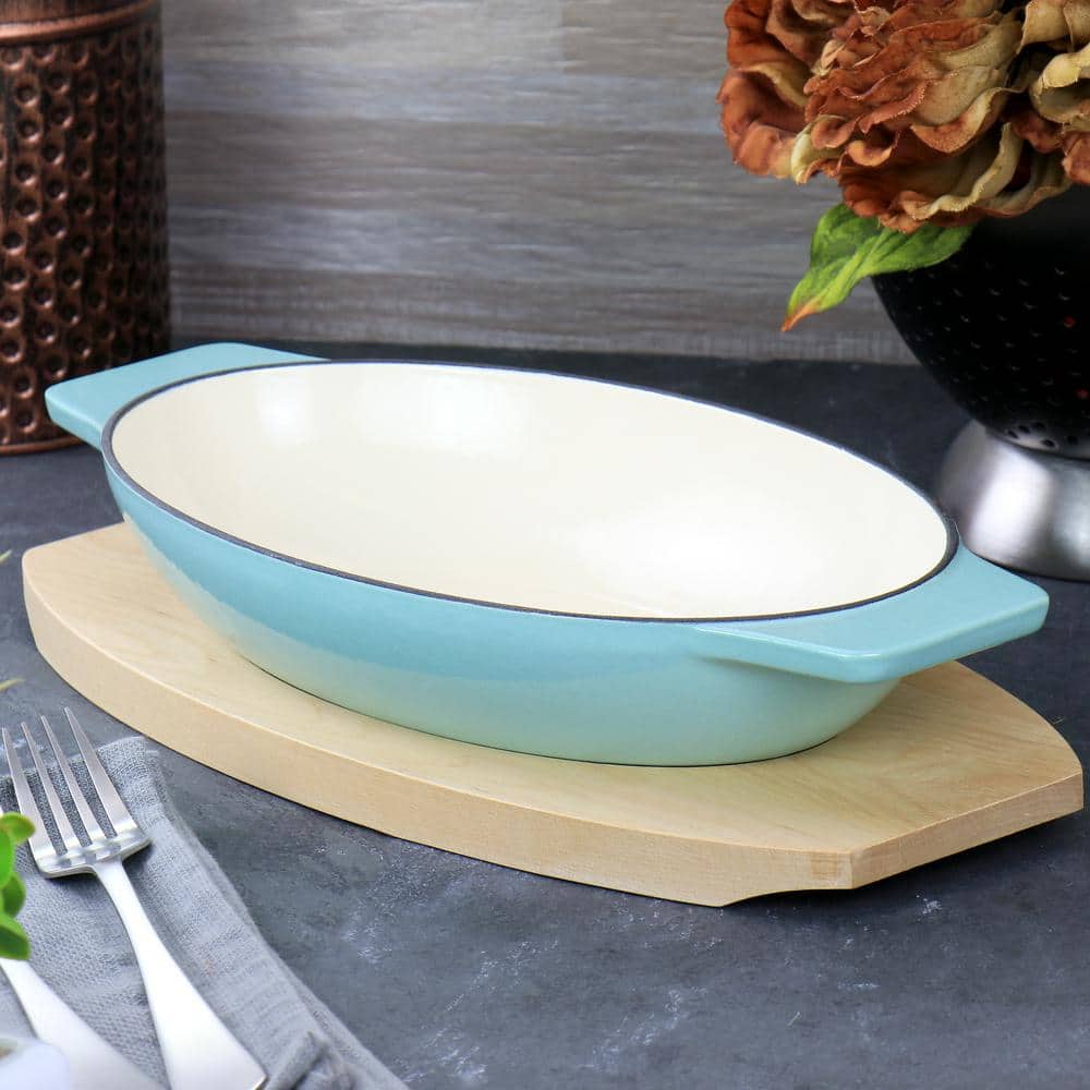 Oval Blue Cast Iron Casserole with Birch Wood Trivet