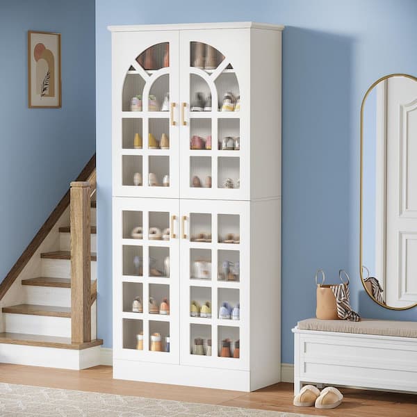 Lauren 68.94 in. H Wooden White Shoe Storage Cabinet 32-Pairs 8-Tier Racks Organizer Adjustable Shelves Led Lights