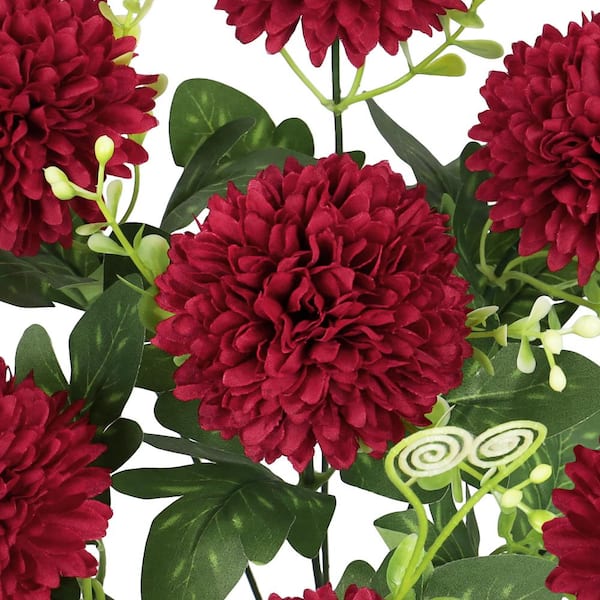 16 in. Red Burgundy Artificial Pom Mum Flower Stem Bush Bouquet Set of 3