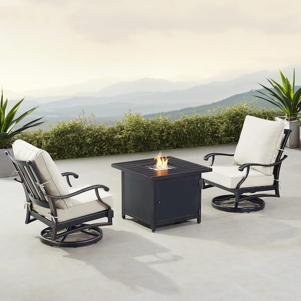 Oakland Living Black 5-Piece Aluminum Patio Fire Table Set with Light Grey Cushions