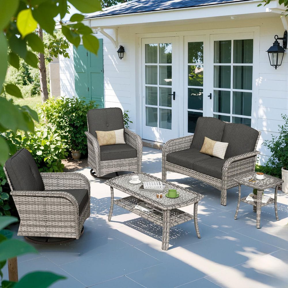 Mejy Gray 5-Piece Wicker Patio Conversation Set with Black Cushions and Swivel Chairs price history on PriceWatchPro