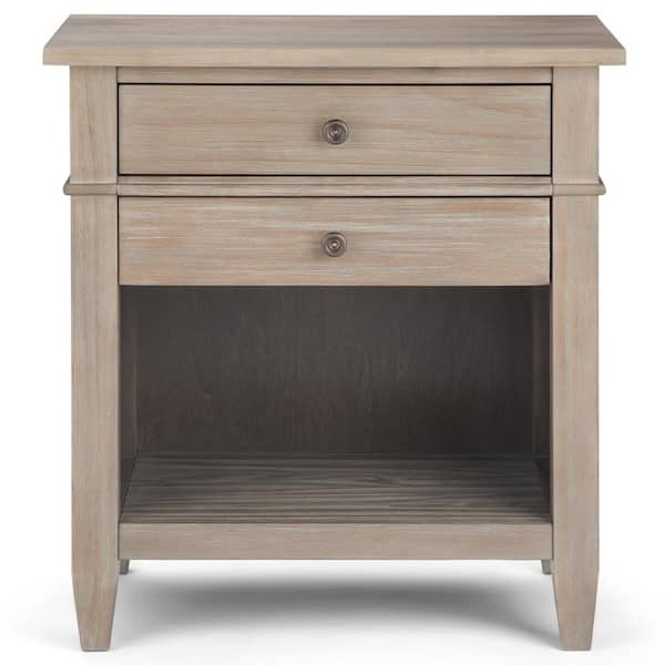 Simpli Home Carlton 2 Drawer Solid Wood 24 In Wide Contemporary Bedside Nightstand Table In Distressed Grey 3axccrl 11gr The Home Depot