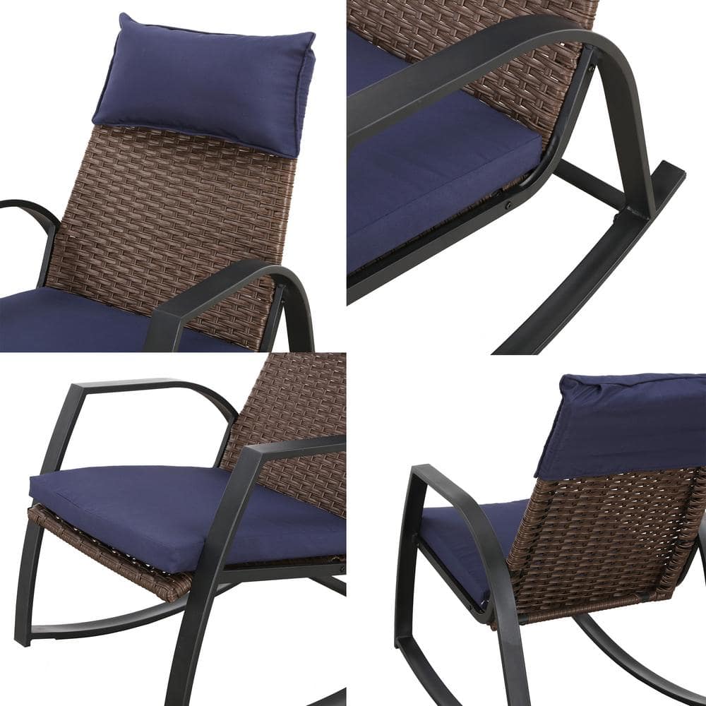 Modern Black Galvanized Steel Rocking Bistro Set with Blue Cushions