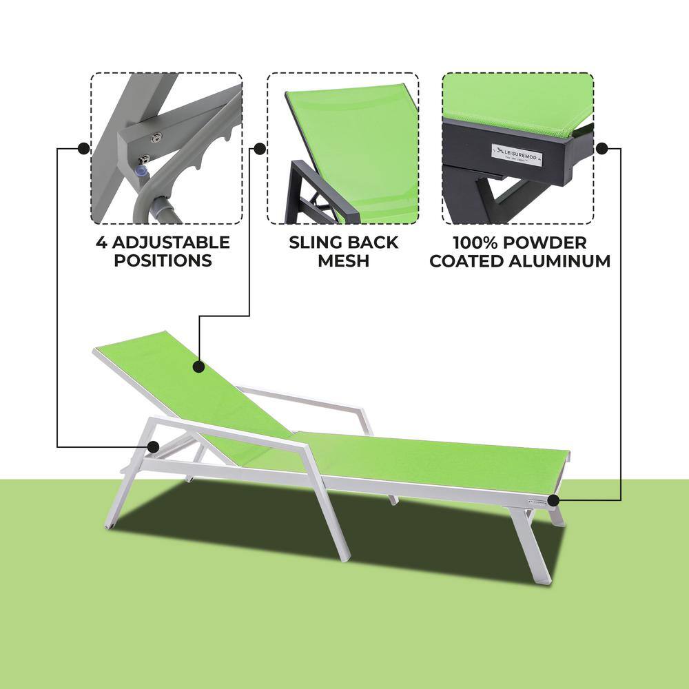 Green Aluminum Patio Chaise Lounge Chair with Armrests