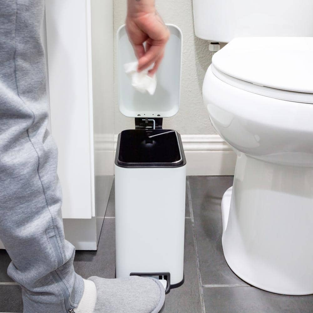 Matte White Stainless Steel Slim Step-On Trash Can Set