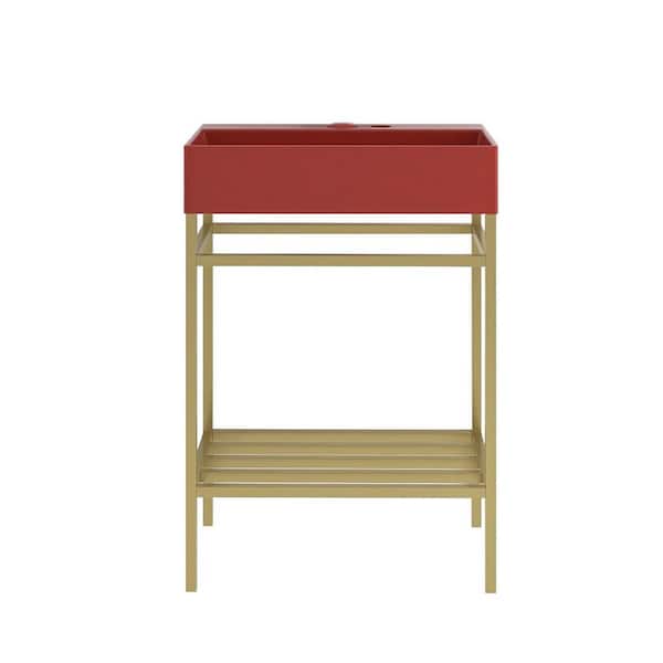 24 in. W x 14 in. D x 34 in. H Single Sink Freestanding Bath Vanity in Gold with Red Ceramic Top