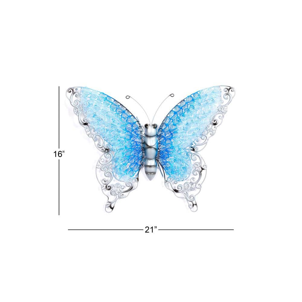Silver and Blue Metal Butterfly Wall Sculpture