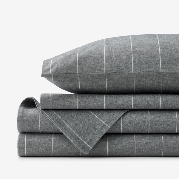 The Company Store Legends Hotel Bromley Stripes Yarn-Dyed 4-Piece Smoke Velvet Cotton Flannel Queen Sheet Set