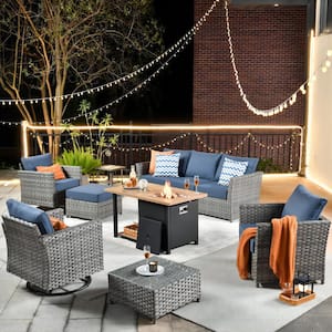 Warner Gray 10-Piece Wicker Patio Fire Pit Conversation Set with Denim Blue Cushions and Swivel Rocking Chairs