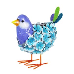 Solar Blue Metal Song Bird with 38 LEDs in a Flower Body, 6 in. x 7.5 in. Garden Statue