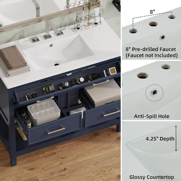 Aero 36 in. Single Sink Freestanding Blue Bath Vanity with White Ceramic Top and Basin (Unassembled)