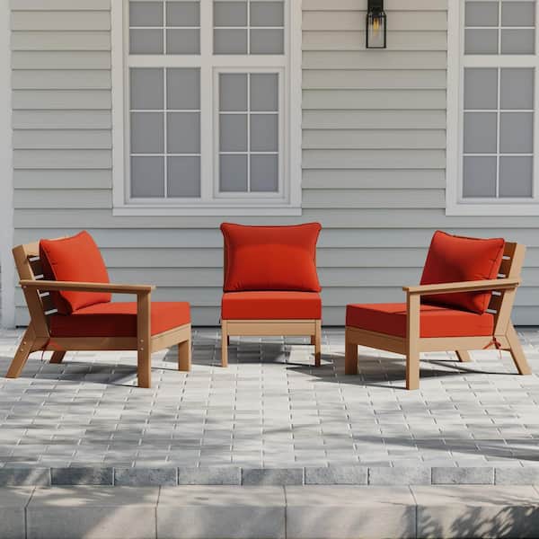 Birchwood Teak Arrangeable Outdoor Patio 3-Piece Deep Seating HDPE Sofa Armchair Set w/ Orange Cushions