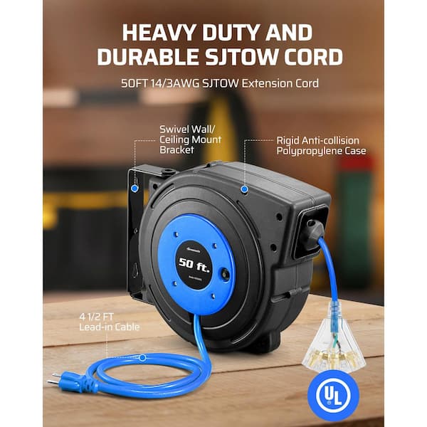 50 ft. 14/3 SJTW 13 Amp Retractable Extension Cord Reel with 3-Lighted Triple Outlets, Blue