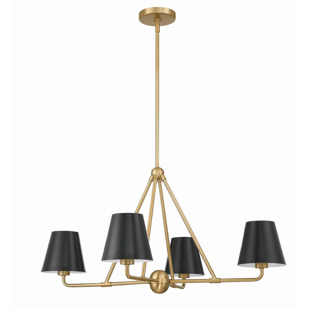 Vibrant Gold and Black Minimalist 4-Light Chandelier with Steel Cone Shades