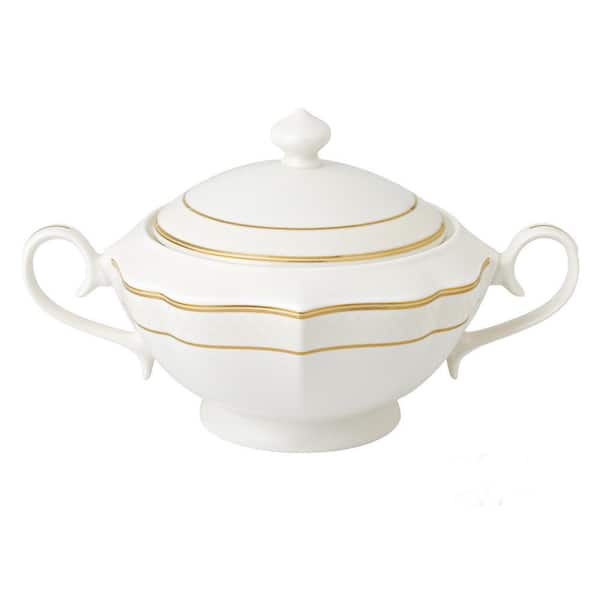 Grace Series 12 in. x 8.5 in. x 7 in. 4 Qt. 128 fl. oz. Gold Bone China Soup Tureen Serving Bowl with Lid (Set of 2)