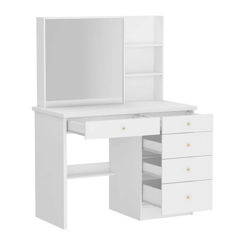 39.4 in. W White LED Dimmable Mirror Dresser Dressing Table with 5-Drawers, Stool and Storage Shelves - thumbnail 4