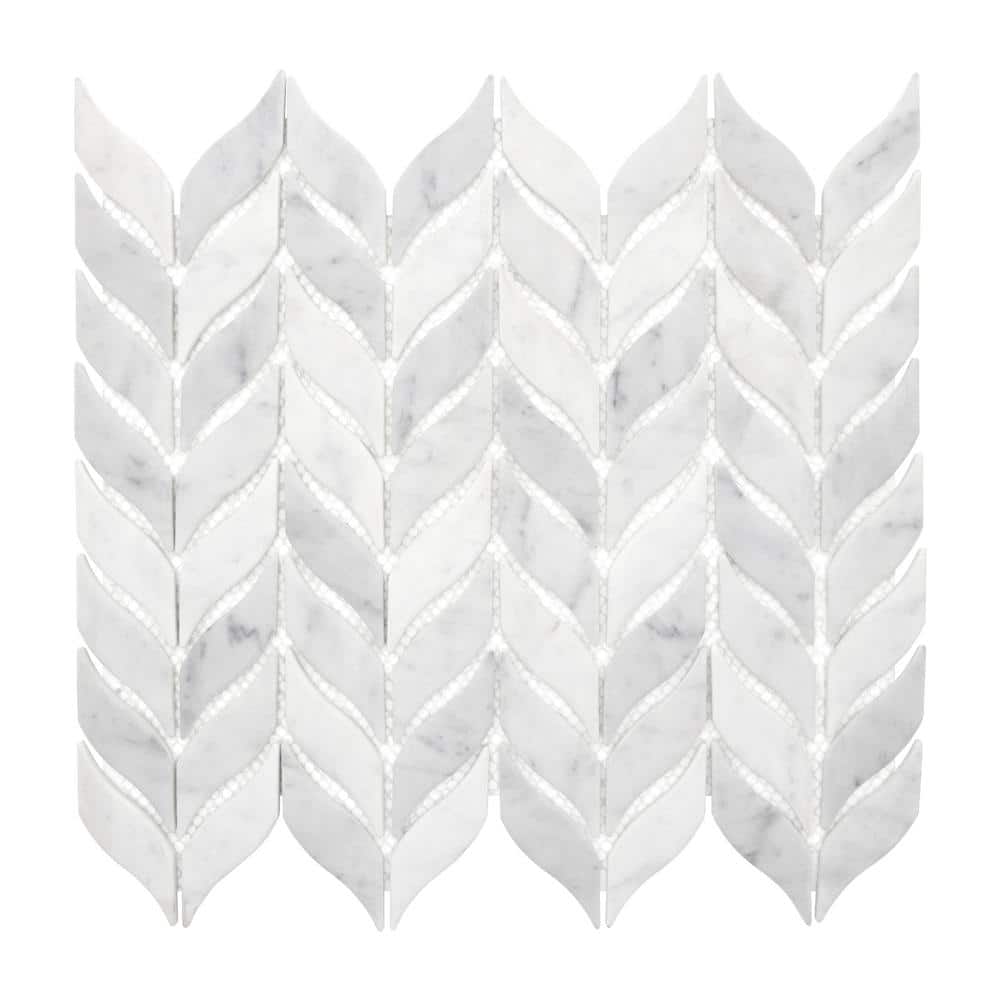 White Calacatta Recycled Glass Leaf Mosaic Tile