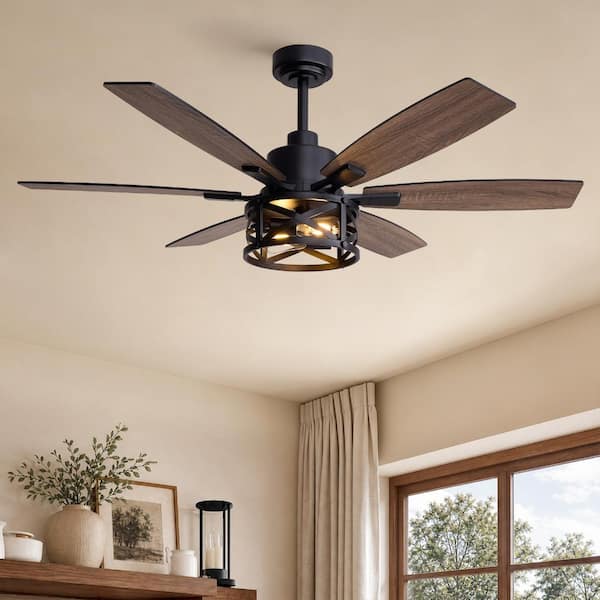 52 in. Indoor Black Cage Ceiling Fan with Light, 6 Reversible Wood Grain Blades, Remote and App Control