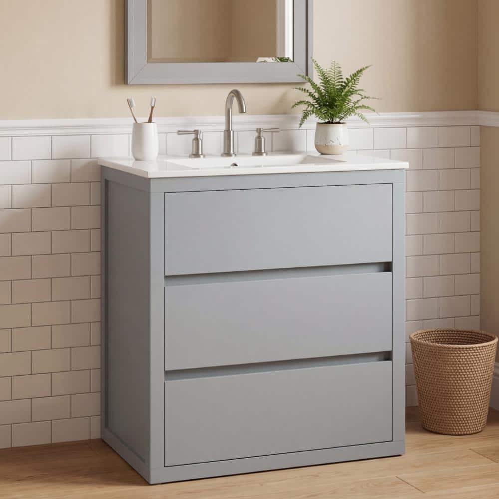 "30"" Freestanding Bathroom Vanity with Ceramic Sink, 2 Full-Extension Soft Close Drawers, 45° Handle, Gray" price history on PriceWatchPro