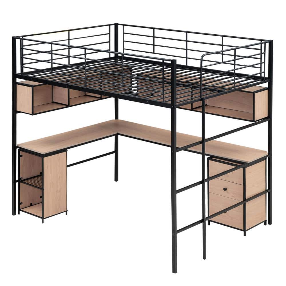 Black Metal Full Loft Bed with Bookcase and Desk
