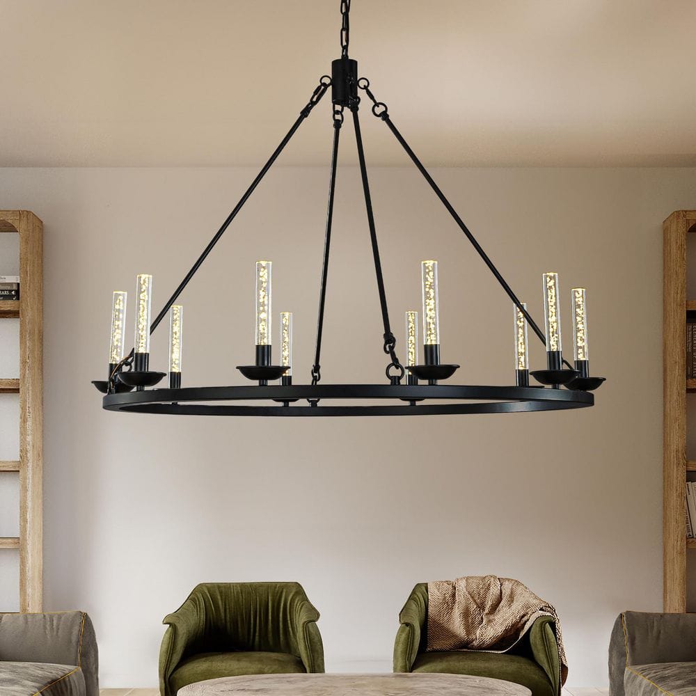 35 in. 10-Light Transitional Black LED Chandelier With Unique Bubble Tube R