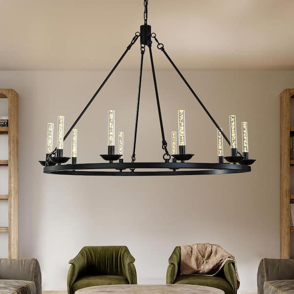 ALOA DECOR 35 in. 10-Light Transitional Black LED Chandelier With Unique Bubble Tube Round Modern Farmhouse Candle For Living Room