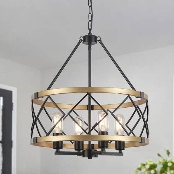 4-Light Black and Gold Drum Cage Candlestick Island Chandelier Industrial Pendant Light