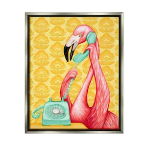 Flamingo Calling Telephone Groovy Flowers Wallpaper by Amelie Legault Floater Frame Animal Art Print 31 in. x 25 in.