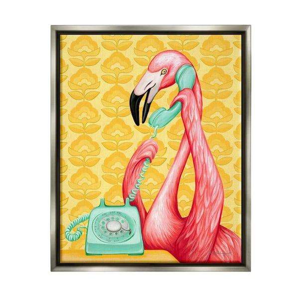 The Stupell Home Decor Collection Flamingo Calling Telephone Groovy Flowers Wallpaper by Amelie Legault Floater Frame Animal Art Print 31 in. x 25 in.