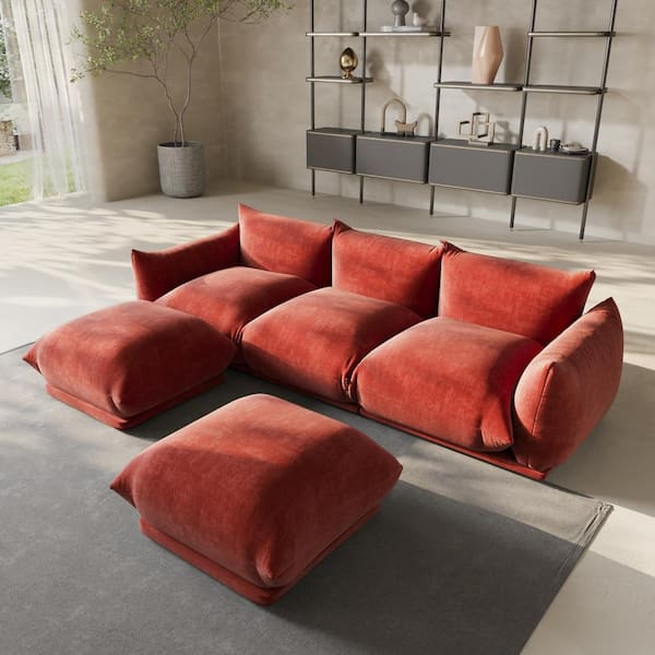 104 in. Flared Arm 5-Piece Chenille 3 Seater Modular Minimalist Convertible Sectional Sofa with 2 Ottomans in. Orange