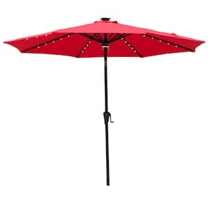 11 ft. Aluminum Market Solar Tilt Patio Umbrella with LED Lights in Red Solution Dyed Polyester