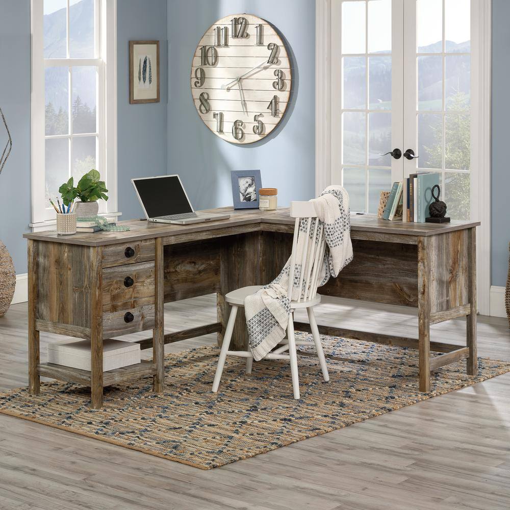Rustic Cedar L-Shaped Wood Computer Desk with Drawers