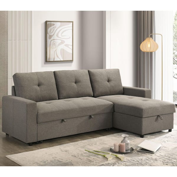 Davenly 88.5 in. Track Arm Linen L-Shaped Storage Sectional Sofa with Pullout in Light Brown