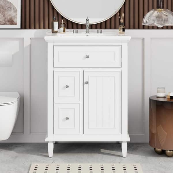24 in. Freestanding White Bath Vanity with White Ceramic Top, 1-Flip Drawer, 2-Drawers and Adjustable Shelf