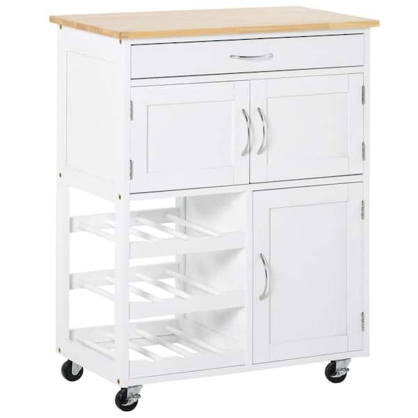 White Rubber wood Top 26.5 in. Kitchen Island Cart with Wine Rack, Storage Cabinets, Drawer, and Casters