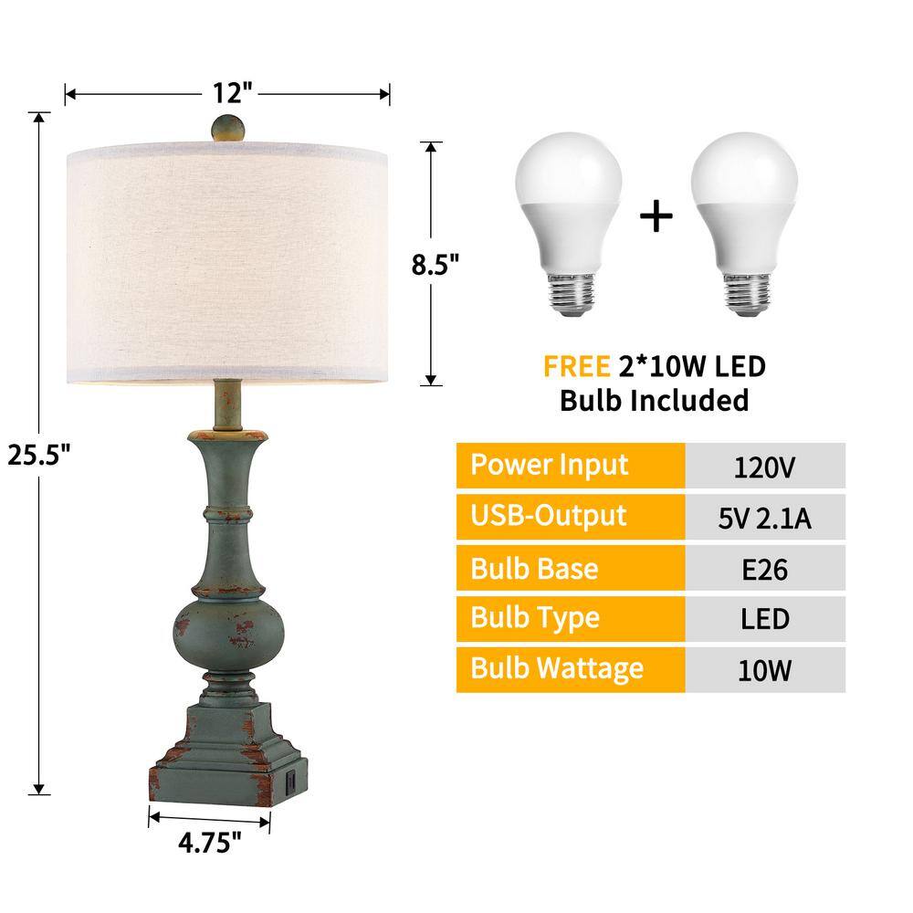 Distressed Dark Green 25.5'' Touch Table Lamps Set with Fabric Shades