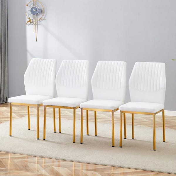White/Gold PU Leather Metal Frame Dining Chairs Set of 4
